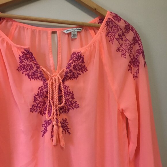 American Eagle Sheer Neon Orange Pink Bohemian Blouse - Picture 4 of 14